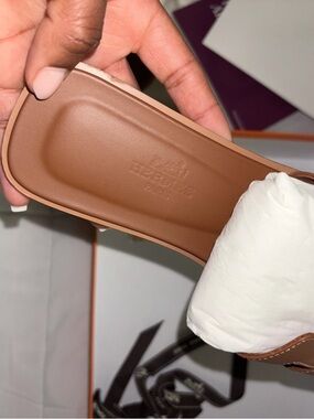Hermes Tan Oran Leather Slide Sandals